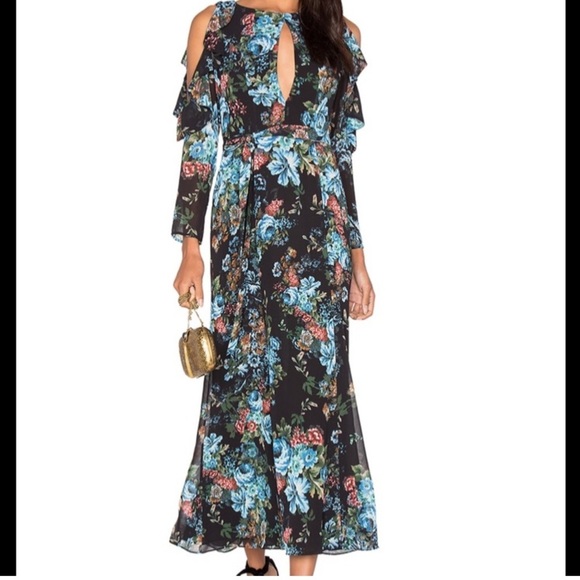 LPA Floral Maxi Ruffle Black & Blue Dress Size Small - Picture 2 of 13